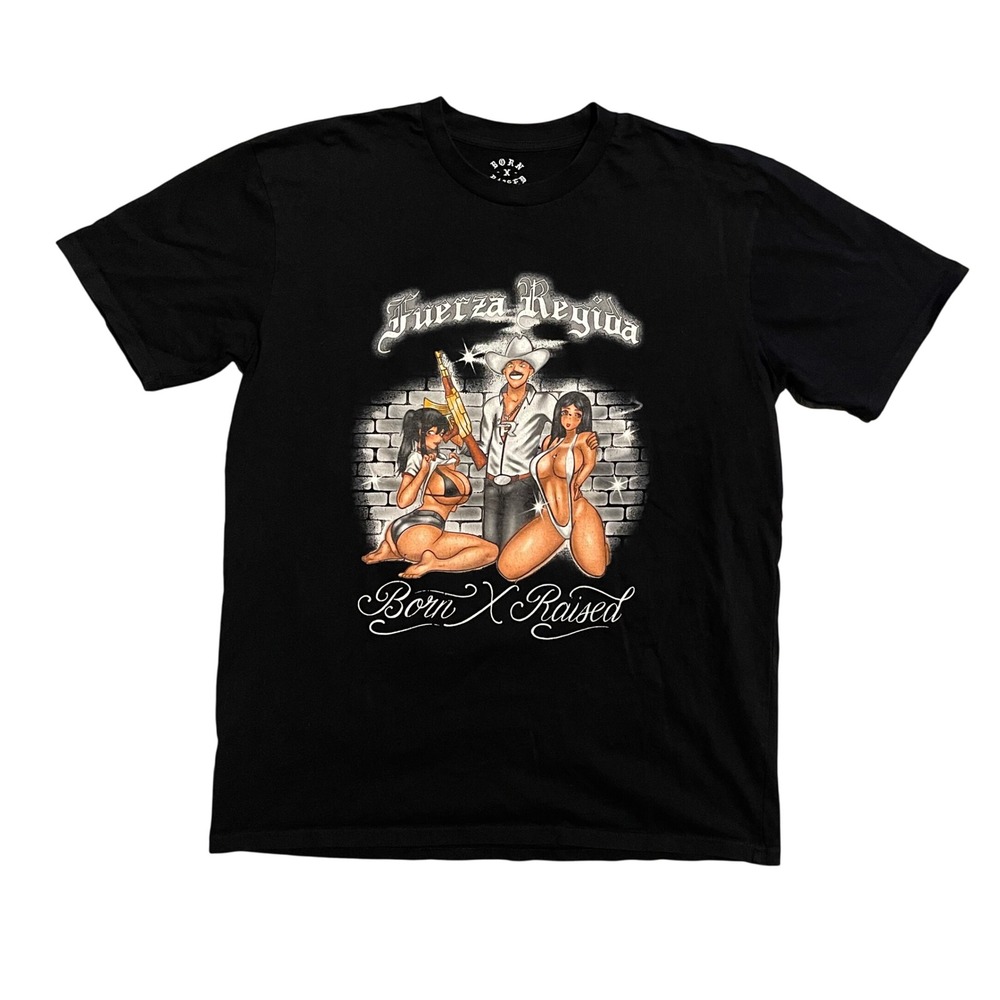 Born X Raised Fuerza Regida Otra Peda Tour Black Graphic T-Shirt Mens XL